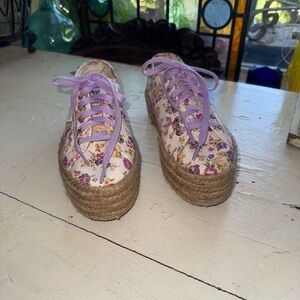 LoveShackFancy Cream Floral Platform Sneakers with Lavender Laces